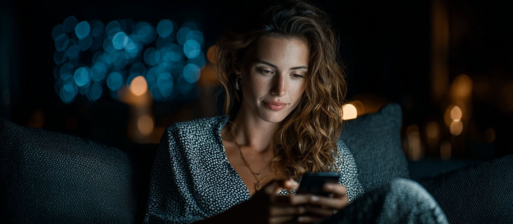 Woman enjoying 1423BET Casino mobile app on smartphone at night