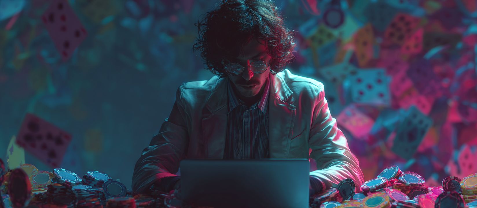 Man playing online casino games at 1423BET surrounded by poker chips and cards