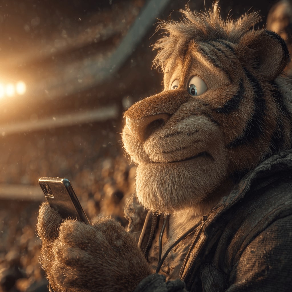 1423BET Casino tiger mascot checking mobile app with excitement in a stadium