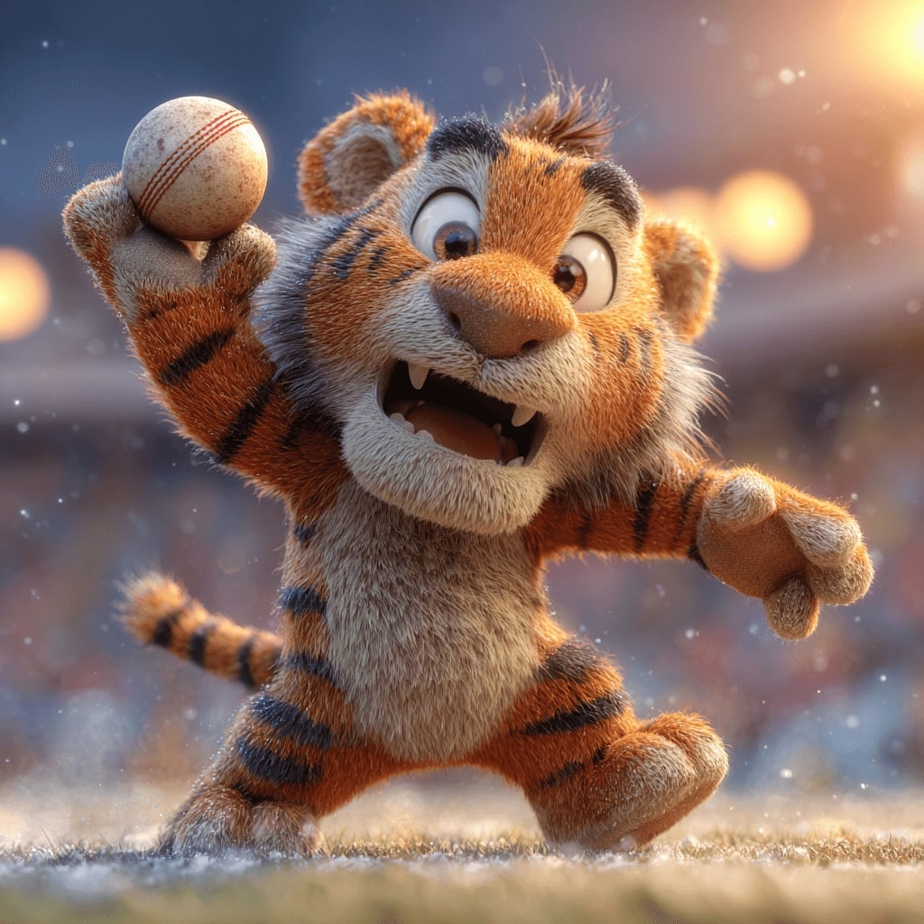 Bet on cricket and more at 1423BET! Cute tiger mascot holding a cricket ball ready to place sports bets at 1423BET Casino