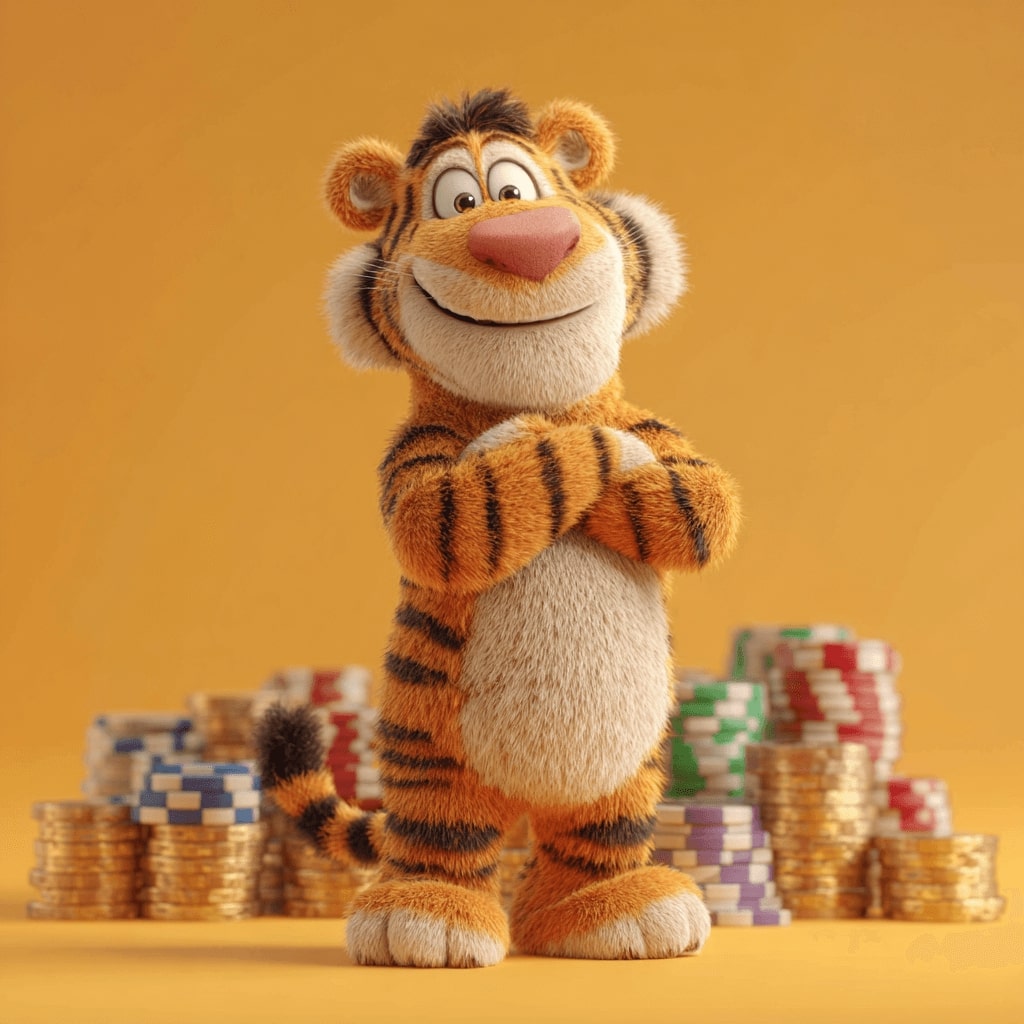 Play top casino games at 1423BET! Happy tiger mascot standing proudly with casino chips and gold coins at 1423BET Casino