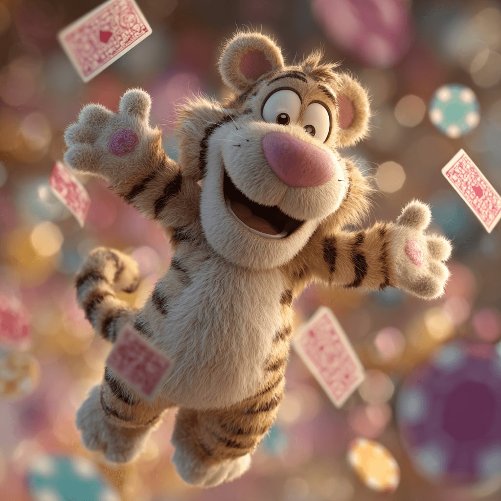 Joyful tiger mascot surrounded by flying playing cards at 1423BET Casino