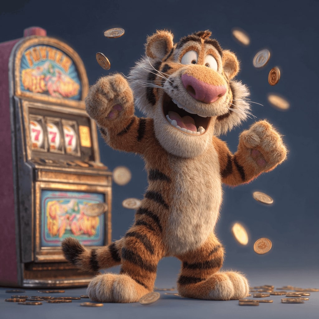 Spin the slots and win big at 1423BET! Excited tiger mascot winning coins in front of a slot machine at 1423BET Casino