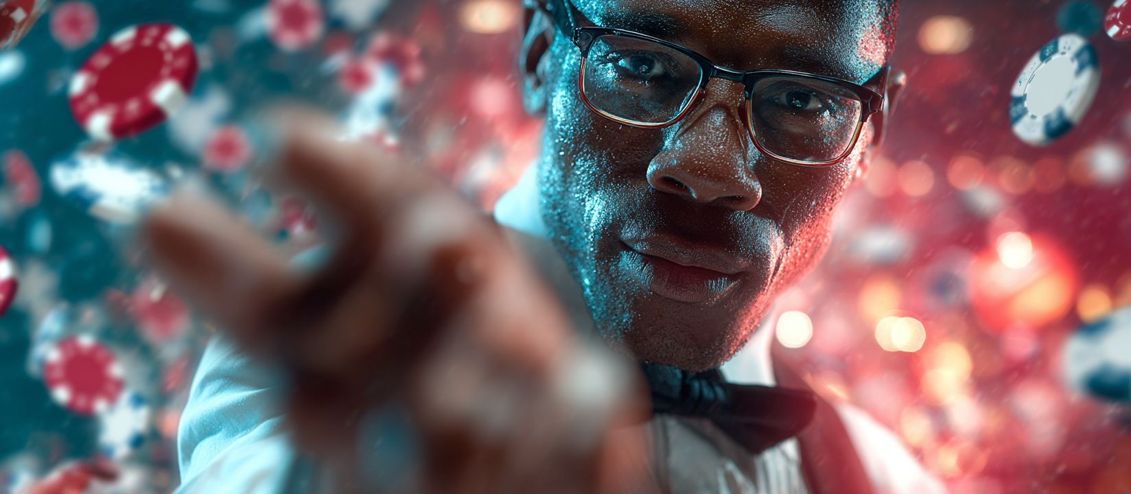 Login now and unlock rewards at 1423BET! Focused player logging in to 1423BET Casino with chips flying around