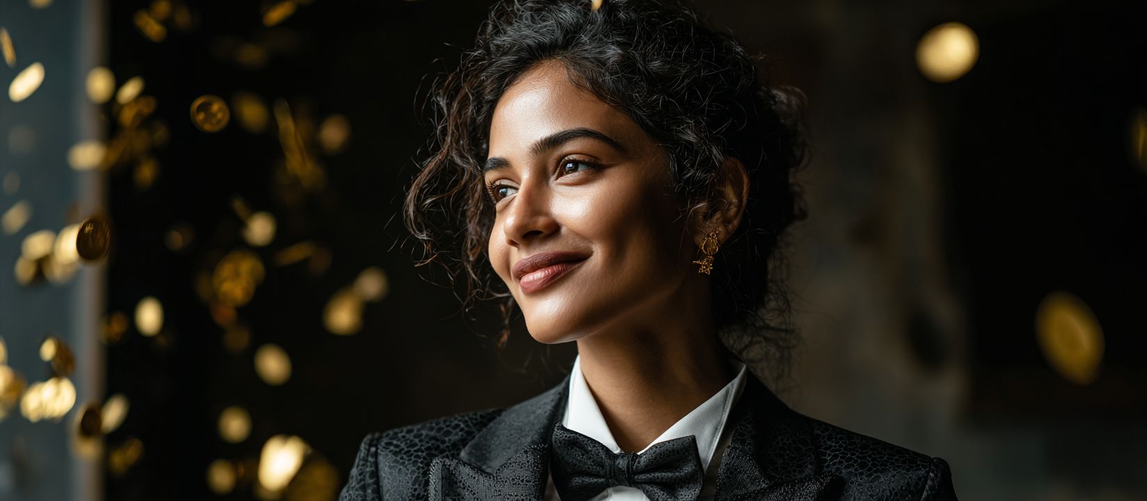 Sign up at 1423BET Casino and start winning big! Smiling woman in tuxedo surrounded by flying golden coins at 1423BET Casino
