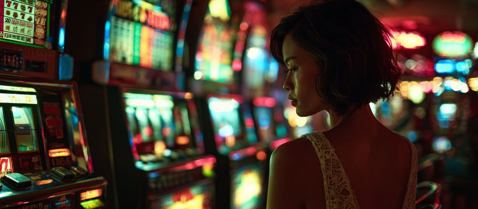 Spin the slots and hit the jackpot at 1423BET! Woman standing near bright slot machines at 1423BET Casino